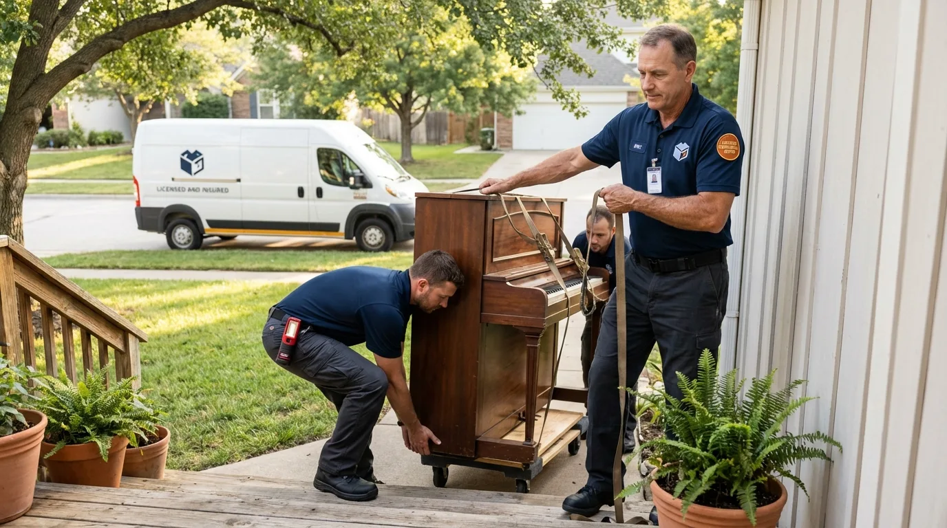 Licensed piano movers securing grand piano in Lincoln City, OR