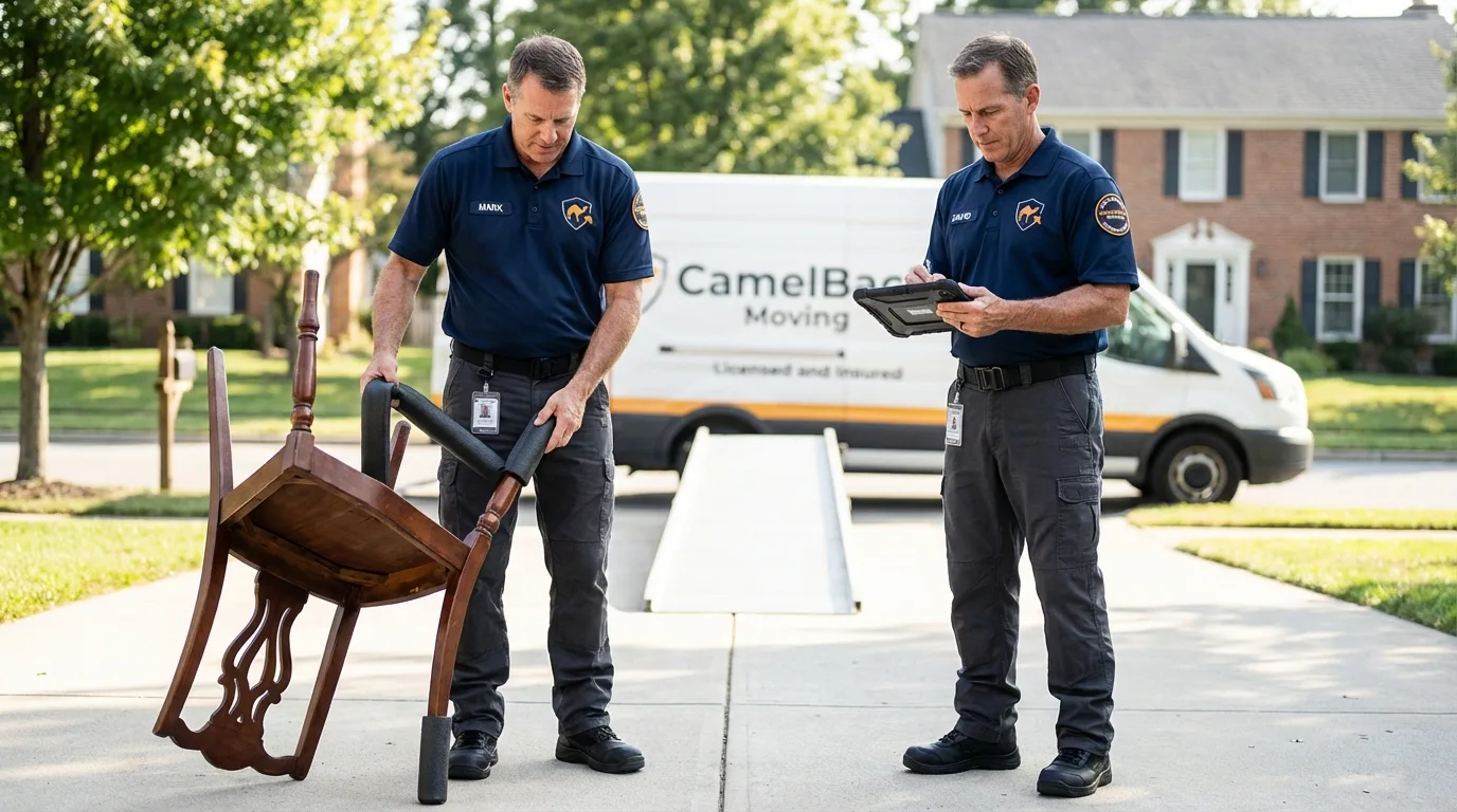 Movers inspecting furniture for damage prevention before loading in Lincoln City, OR