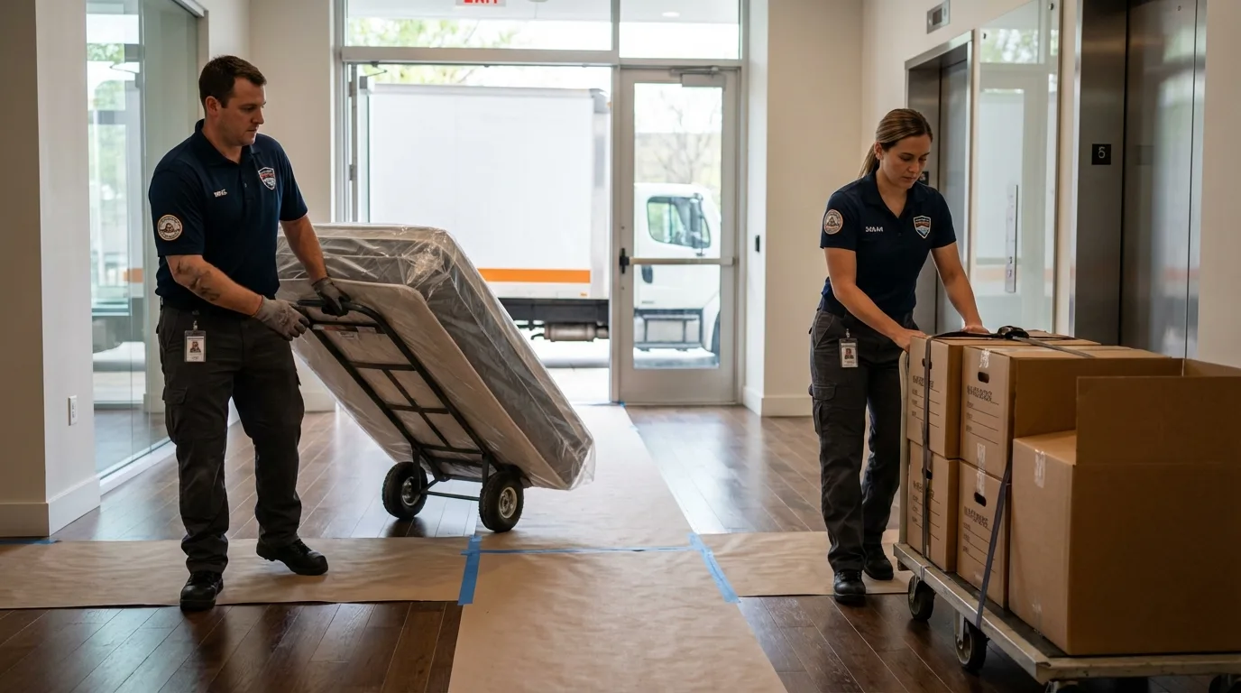 Professional apartment movers loading elevator in Lincoln City, OR