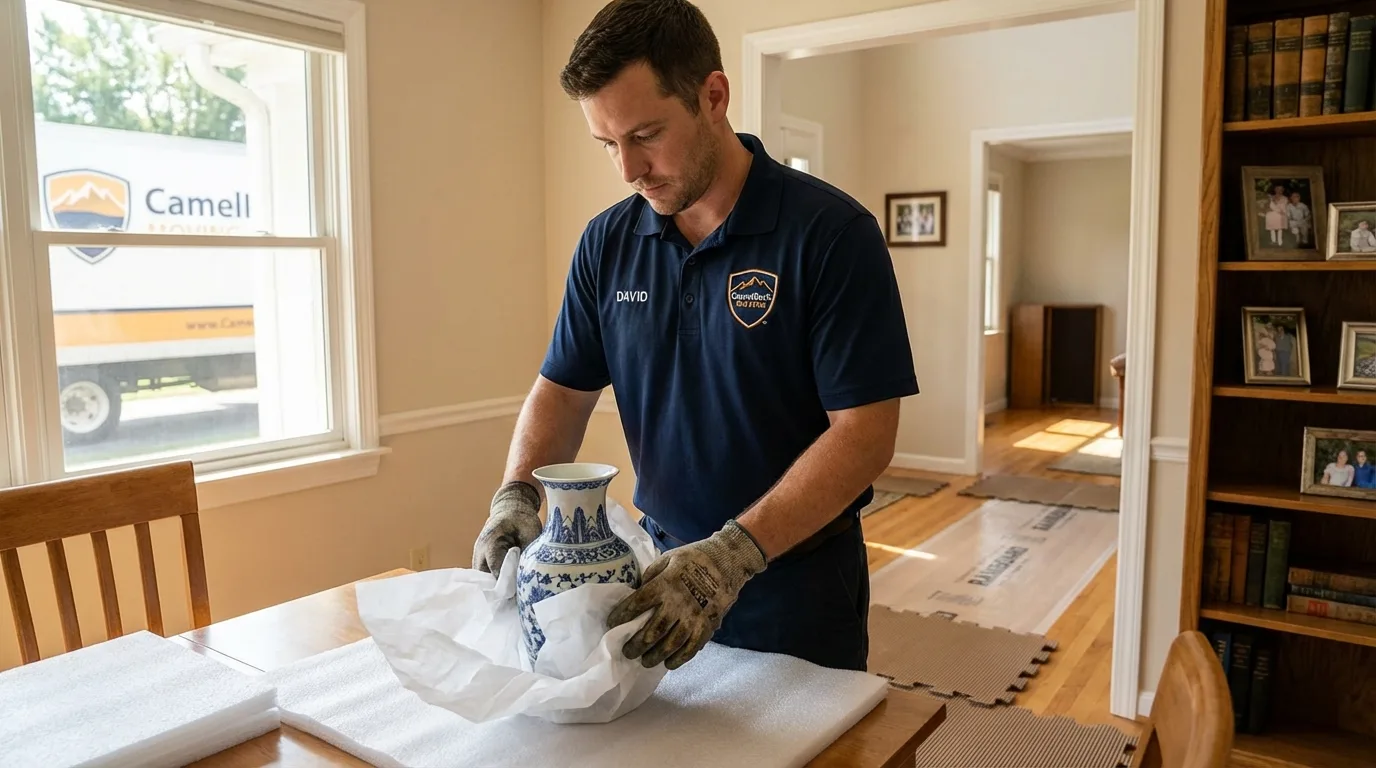 Professional crew carefully wrapping antique vase for senior downsizing move in Lincoln City, OR